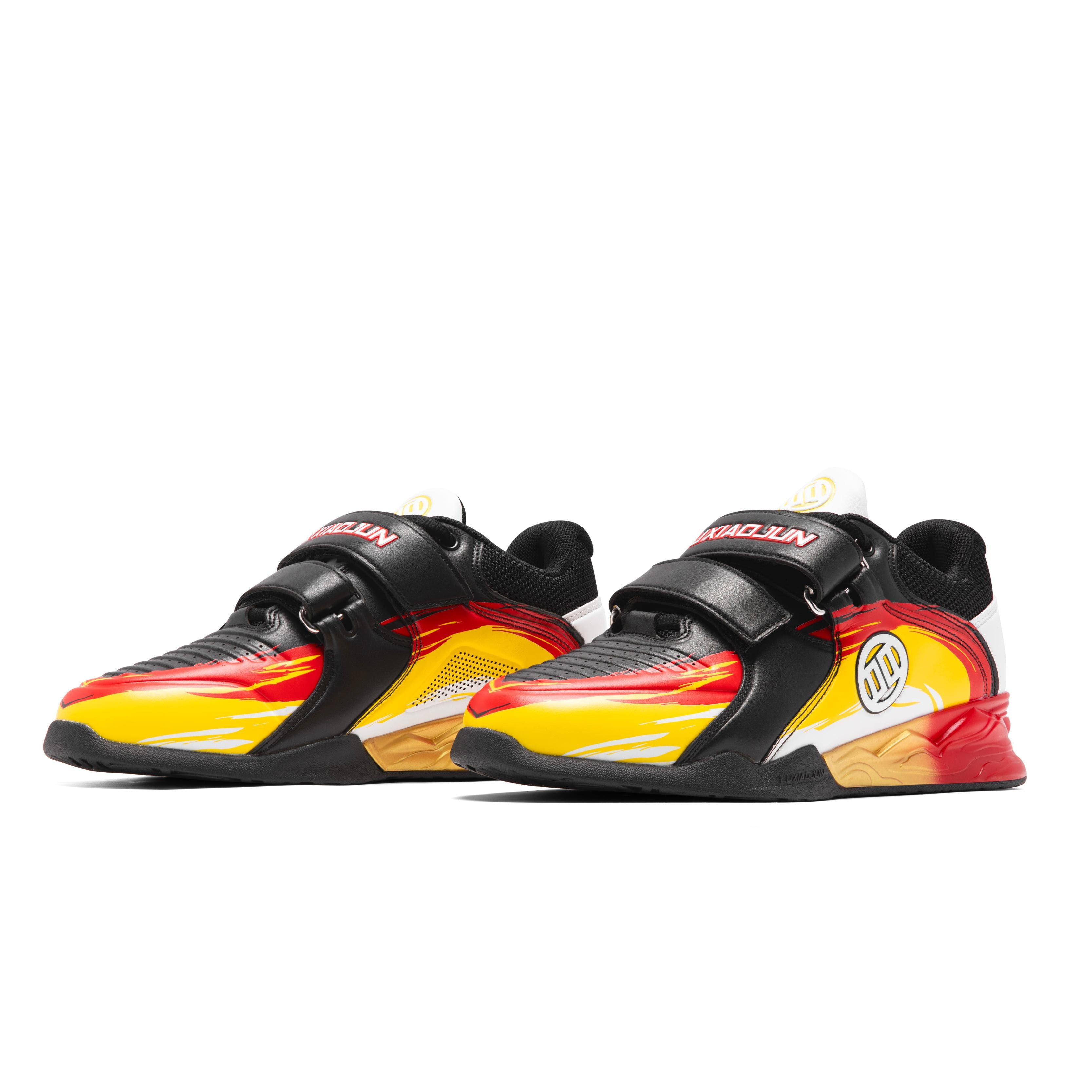 LUXIAOJUN PowerPro Weightlifting Shoes Lava Limited Edition pair in black red and yellow flame colorway