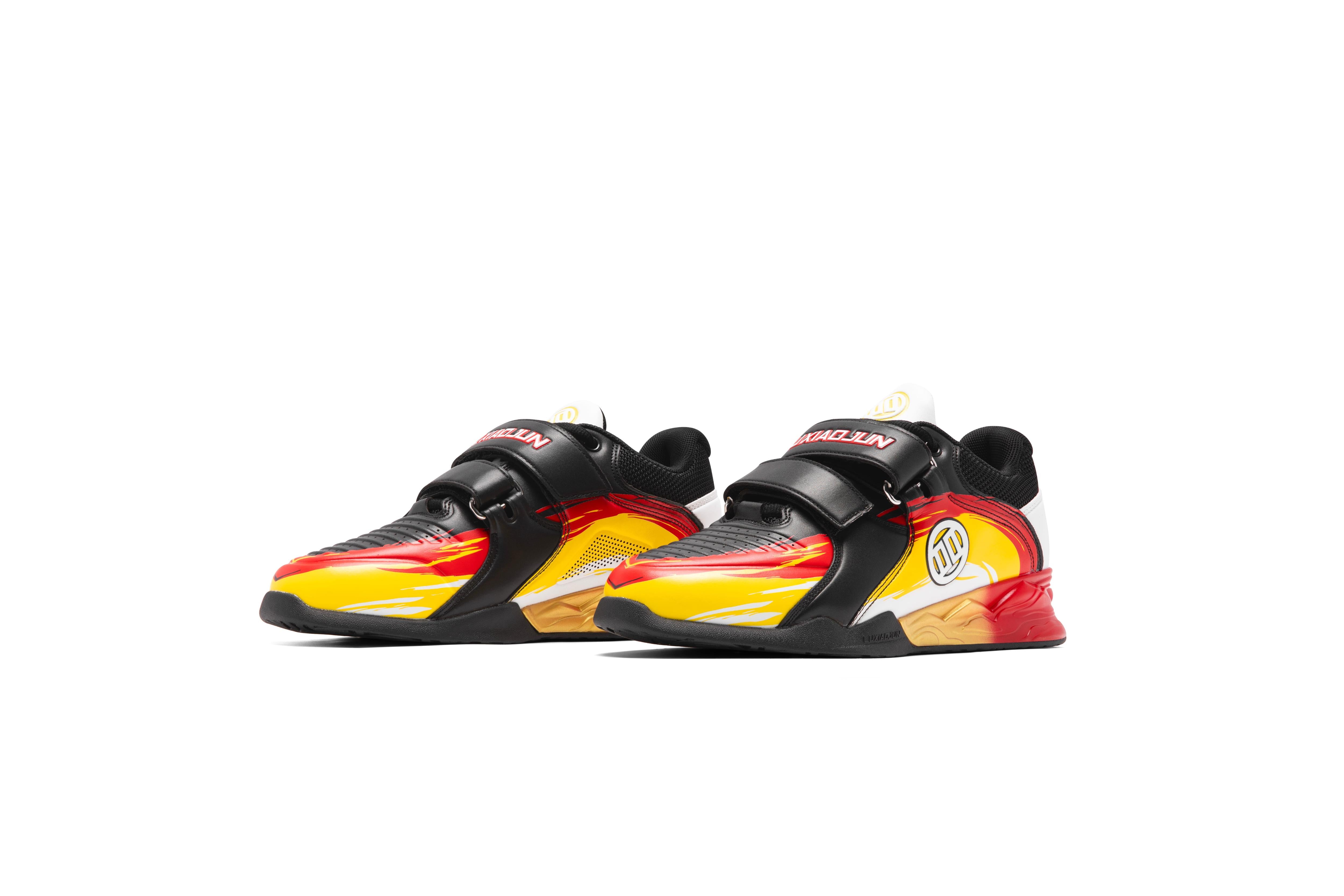 LUXIAOJUN PowerPro Weightlifting Shoes Lava Limited Edition pair in black red and yellow flame colorway