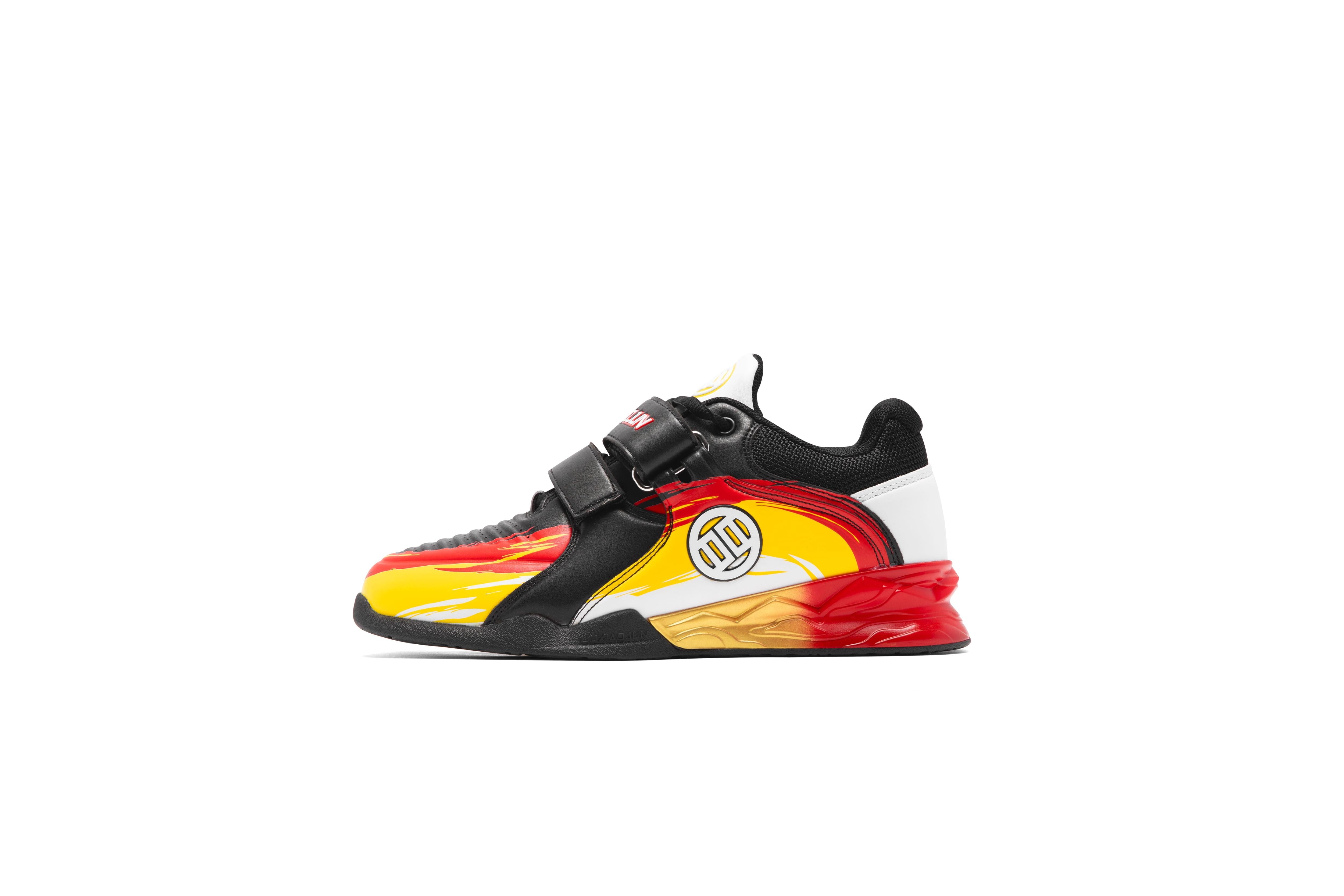 Angled side view of LUXIAOJUN PowerPro Weightlifting Shoe Lava with red yellow and black flame design