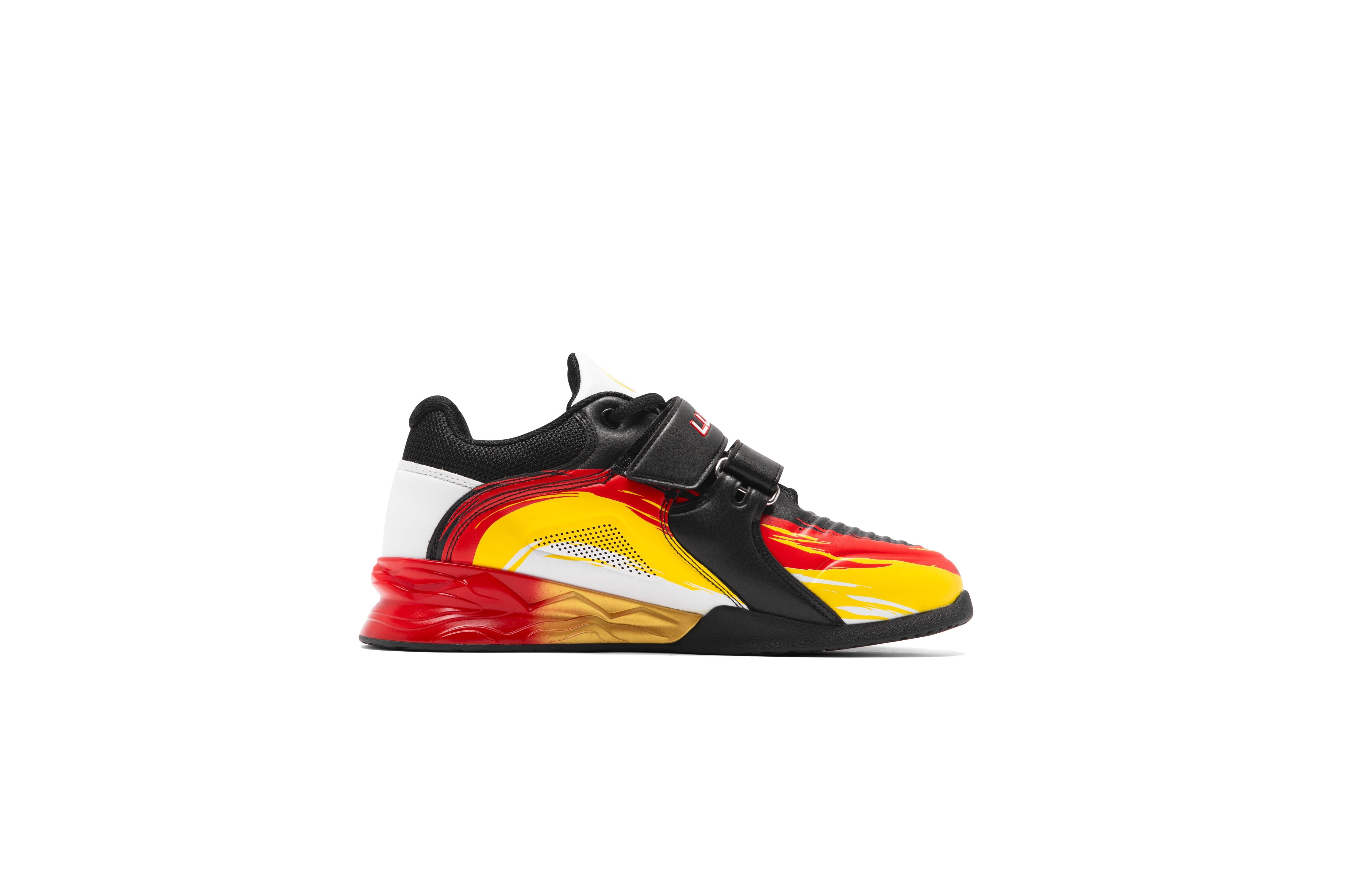 Side profile of LUXIAOJUN PowerPro Weightlifting Shoe Lava showing 24.5-27mm raised heel