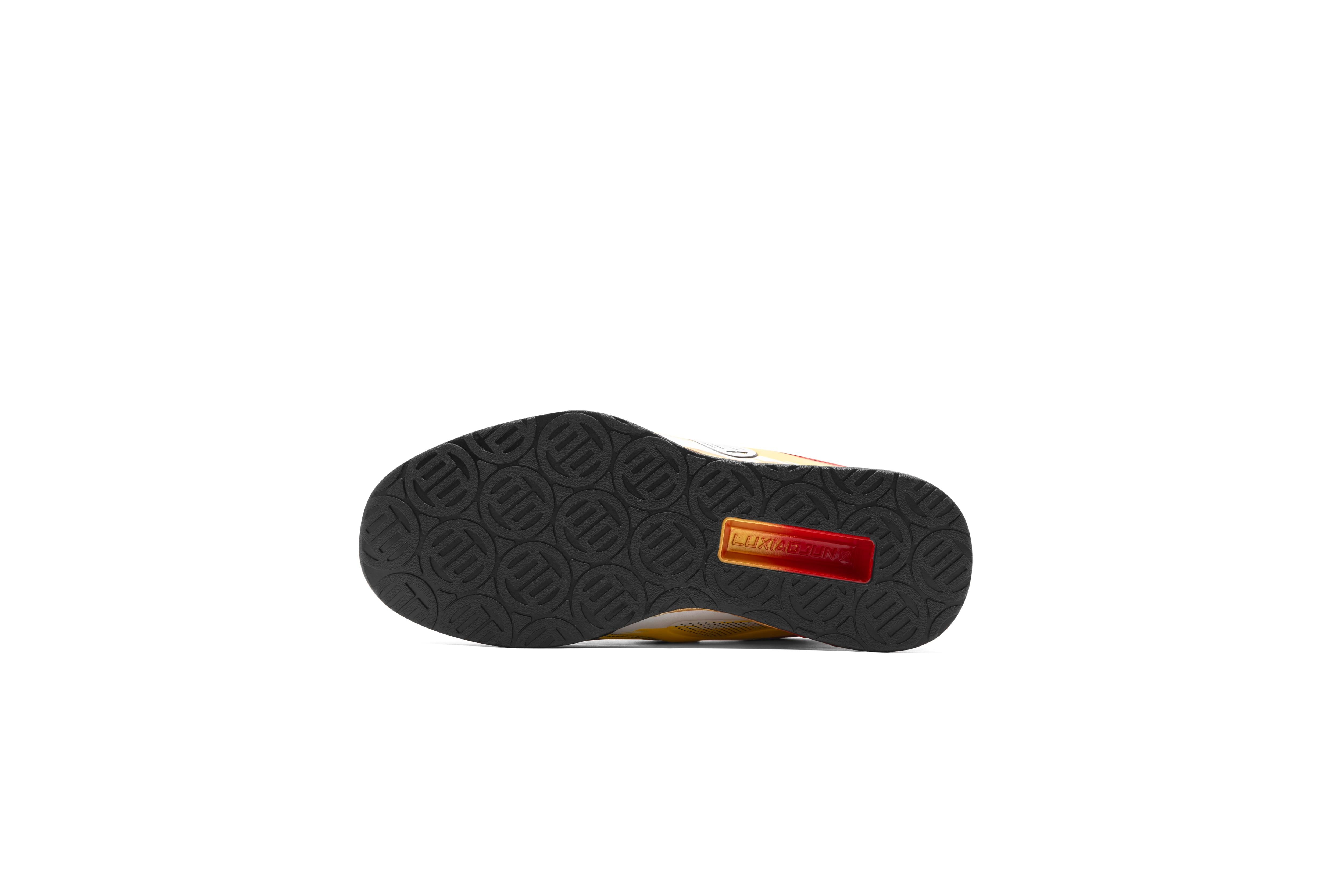 Angled top view of LUXIAOJUN PowerPro Weightlifting Shoe Lava showing flame upper and midfoot strap