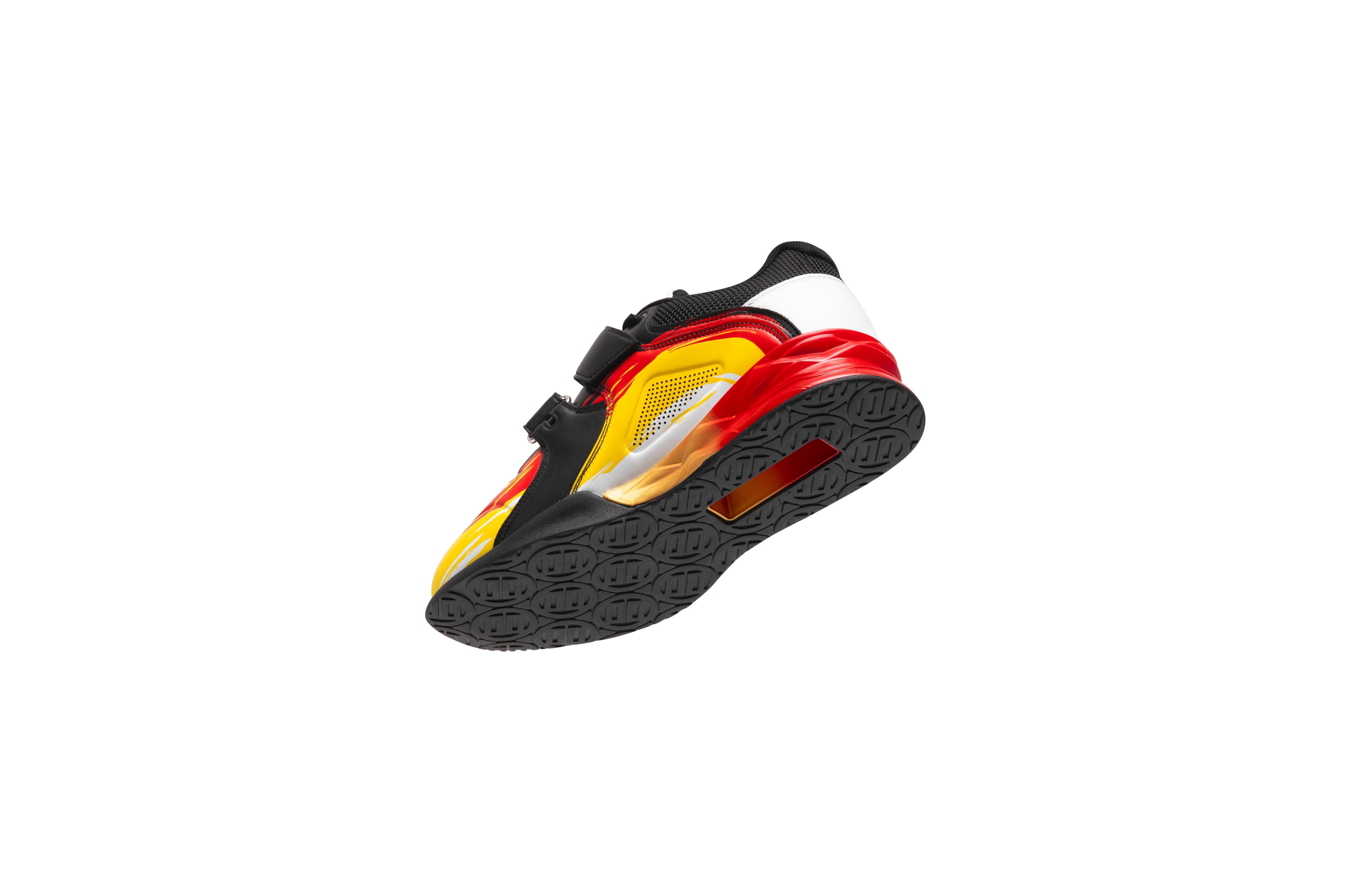 Front angled view of LUXIAOJUN PowerPro Weightlifting Shoe Lava in black red and yellow flame colorway