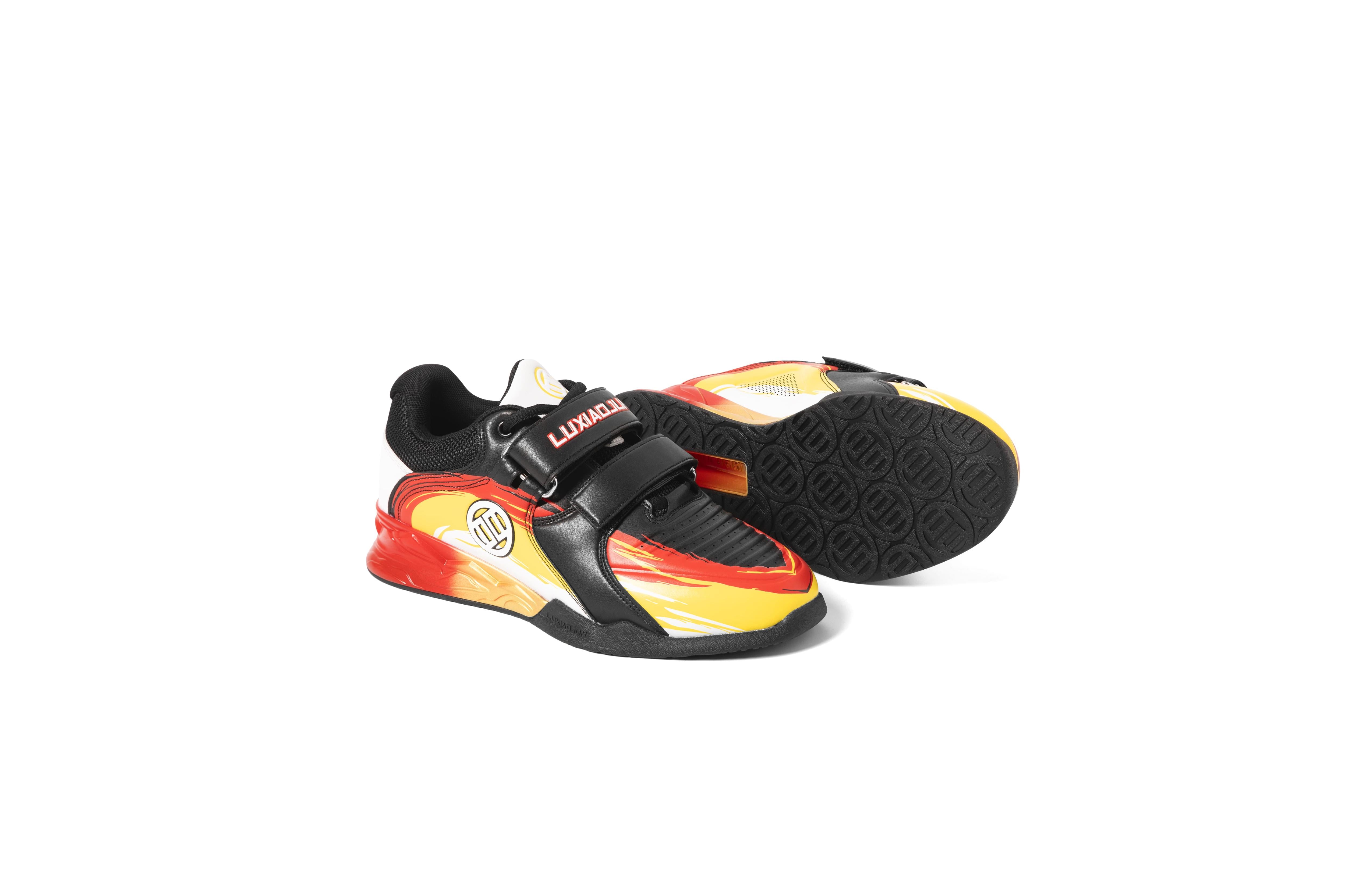 Angled toe view of LUXIAOJUN PowerPro Weightlifting Shoe Lava showing microfiber upper and TPU heel
