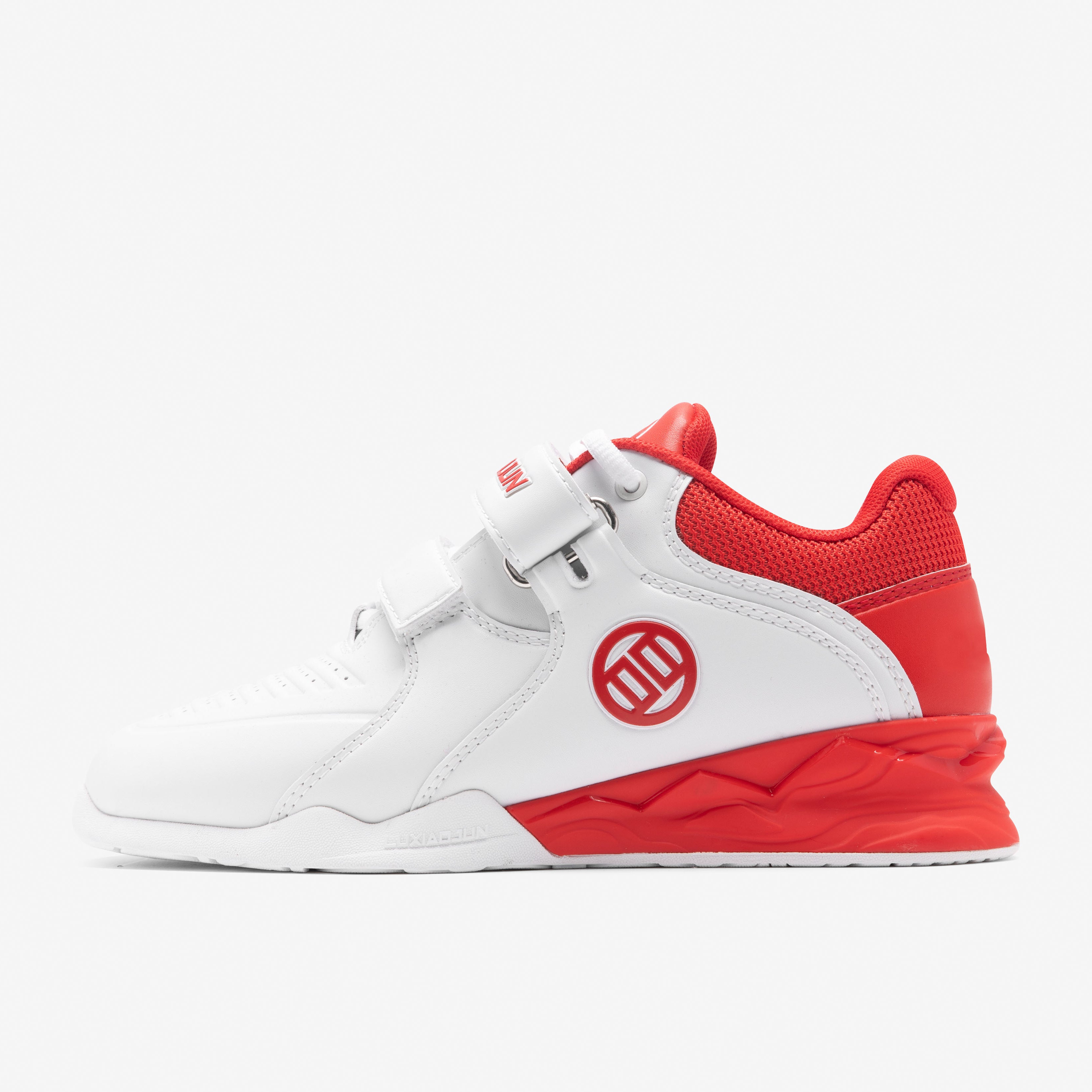 LUXIAOJUN PowerPro I Weightlifting Shoes (Red and White) Right shoe side picture with the logo.