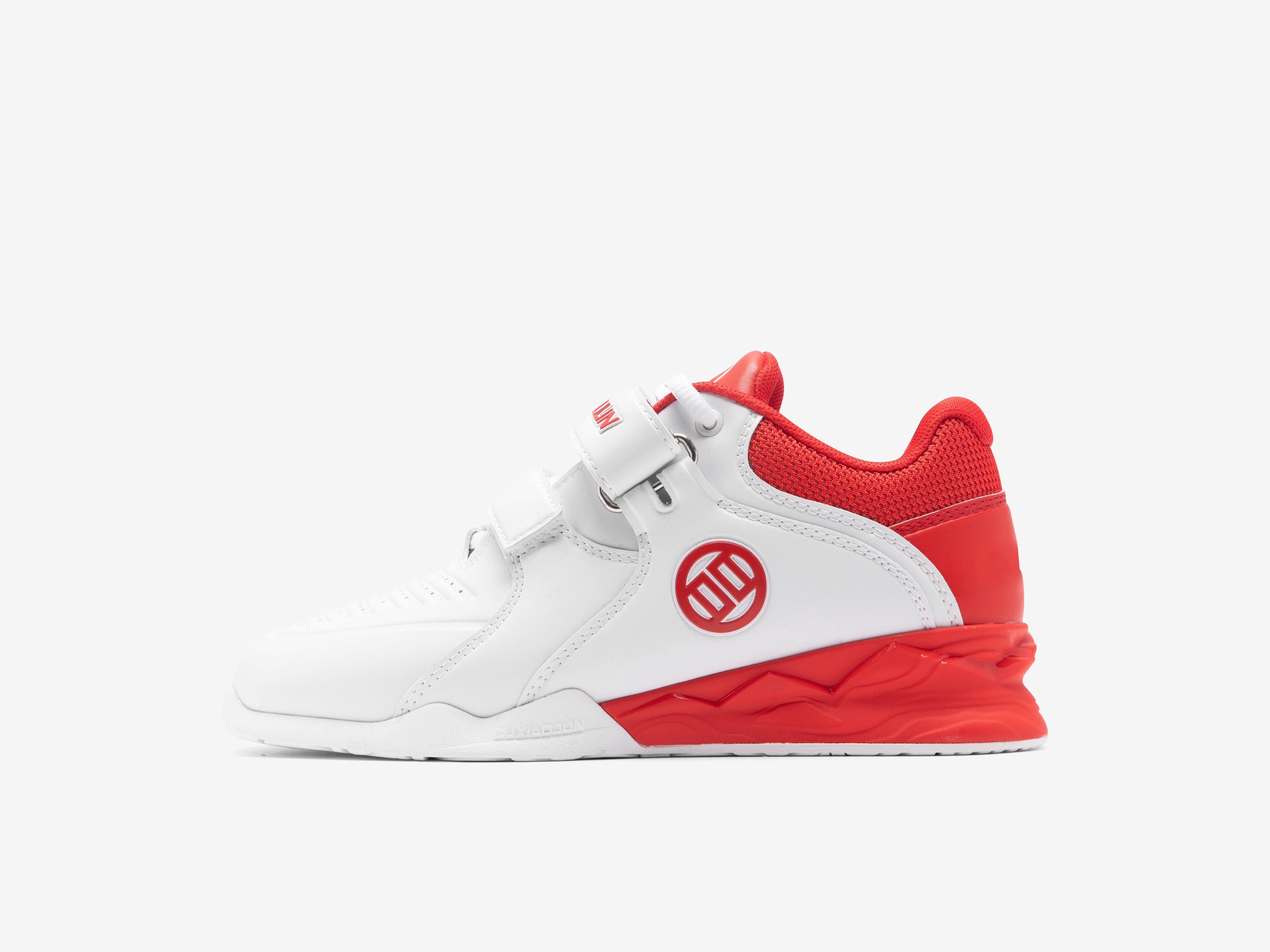 LUXIAOJUN PowerPro I Weightlifting Shoes (Red and White) Right shoe side picture with the logo.