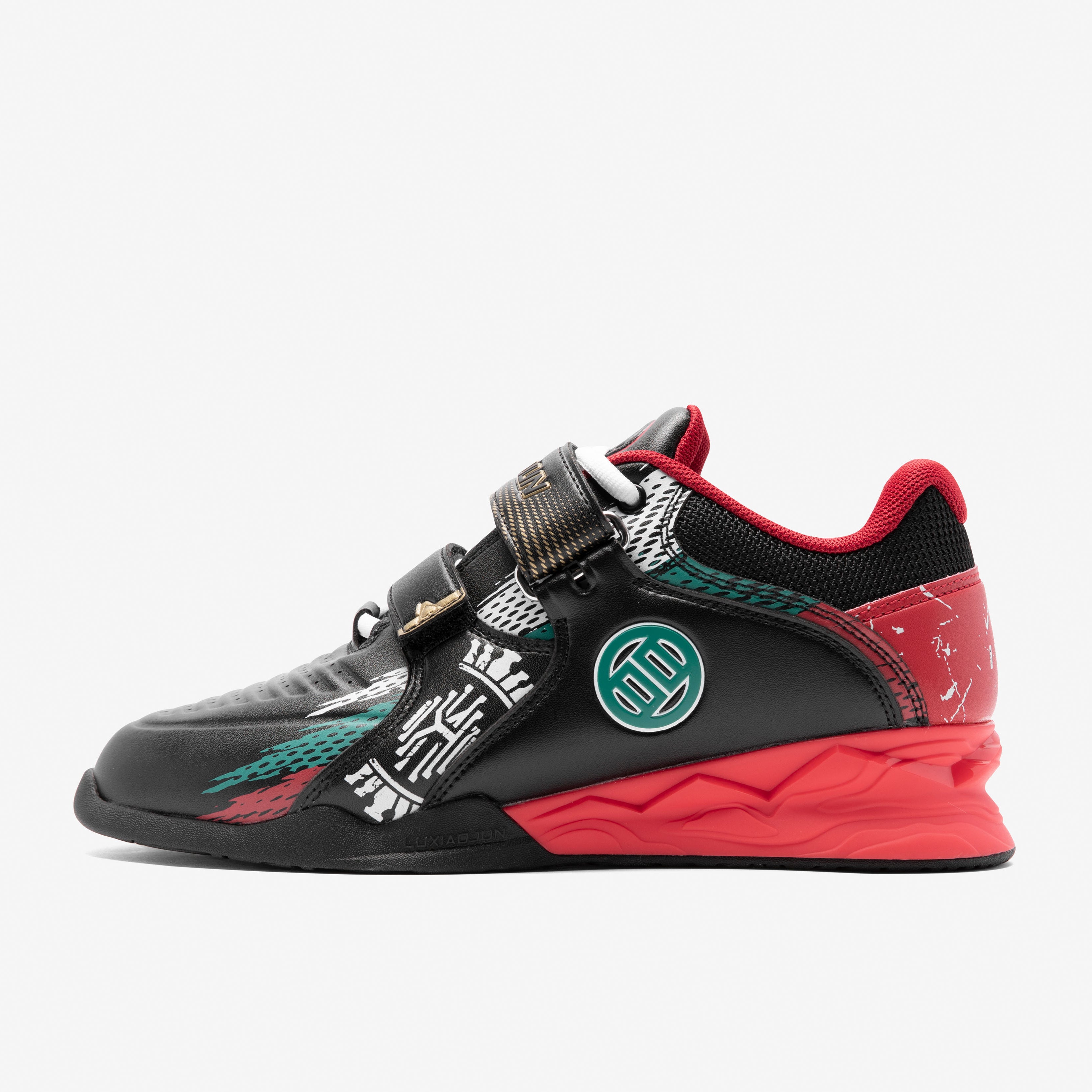 Black and red athletic shoe with Karlos Nasar unique design elements on a white background