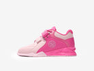 A pair of pink weightlifting shoes with white details and a logo on the side.