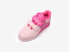 The front top view of the pink weightlifting shoes with some white accents on a white background