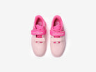 The top view of the light pink weightlifting shoes with some white accents