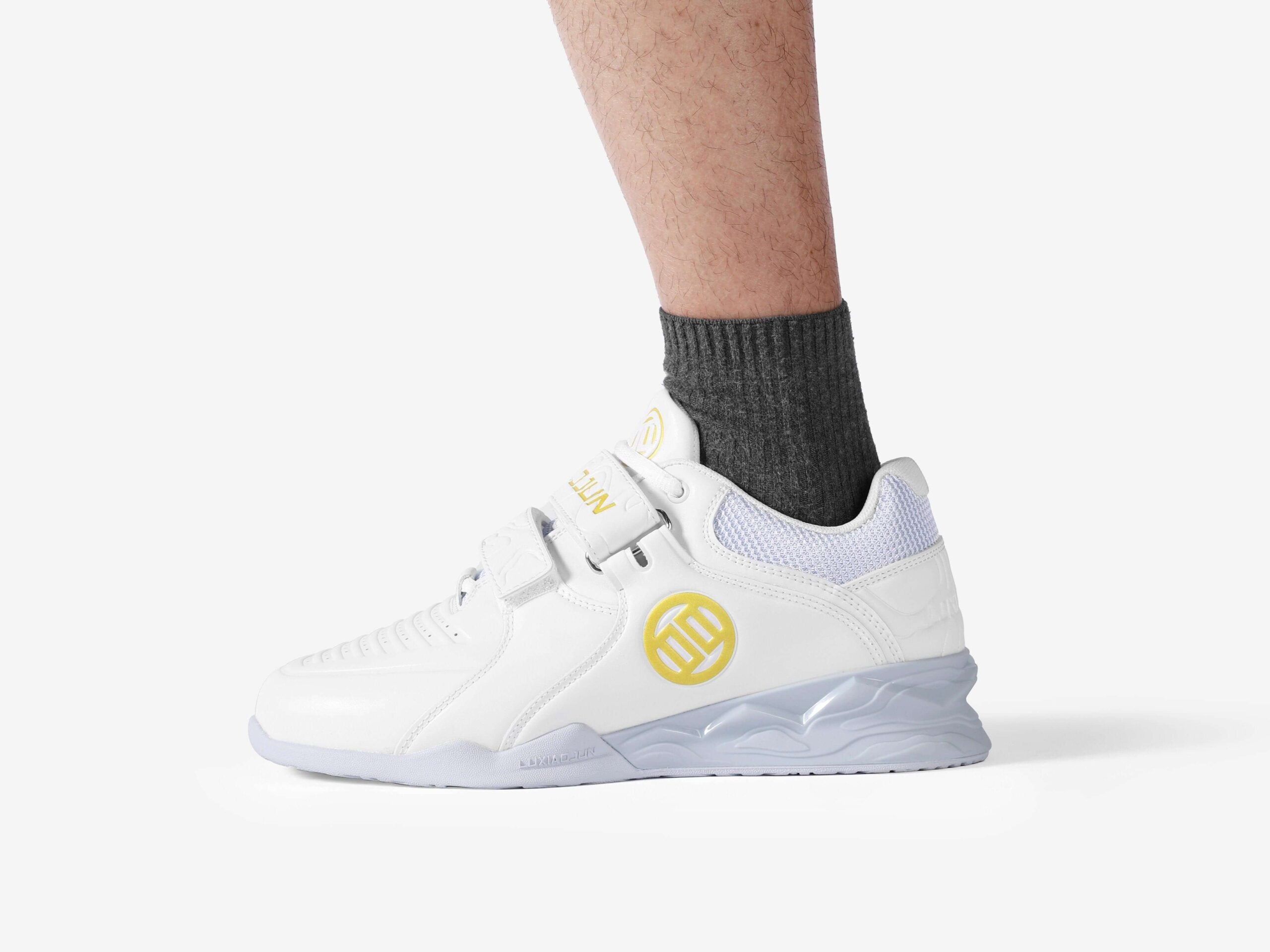 LUXIAOJUN PowerPro | Weightlifting Shoes (White) - Standing model side with logo