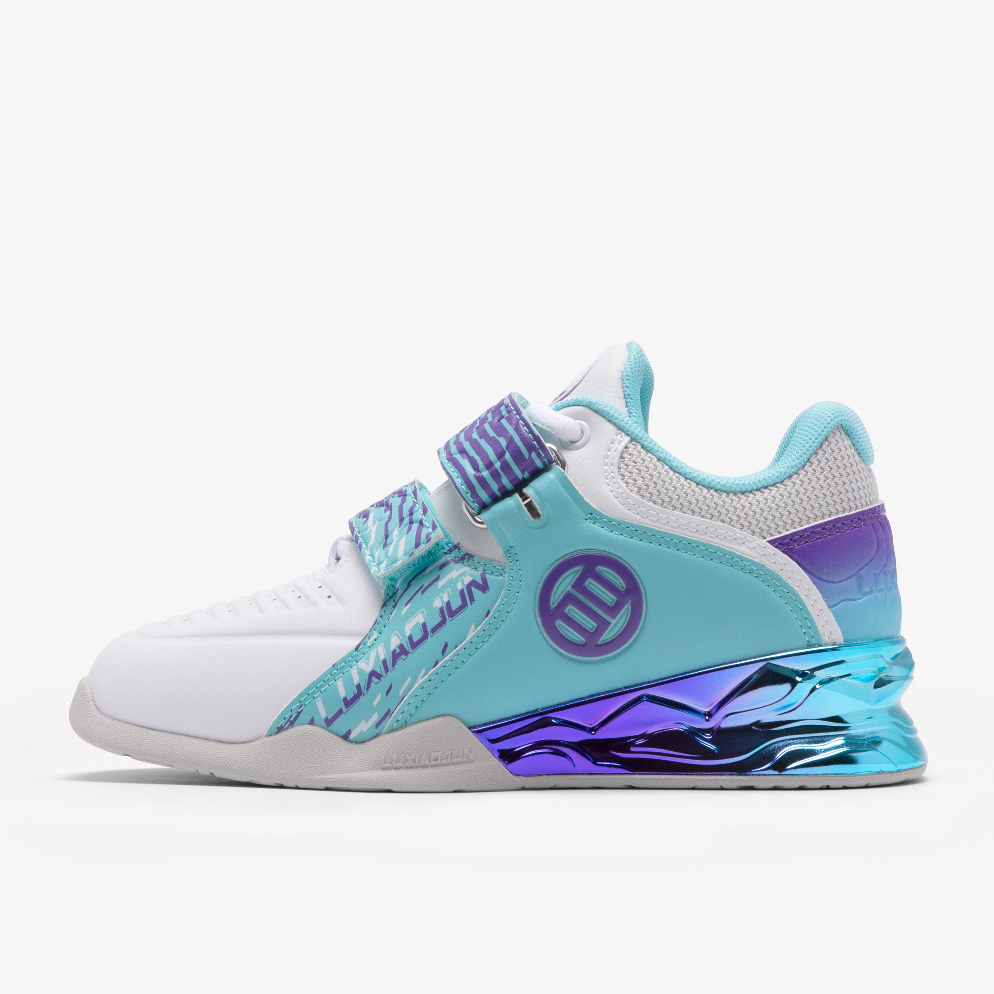 Colorful athletic lifting squat shoes with white, blue, and purple design on a white background