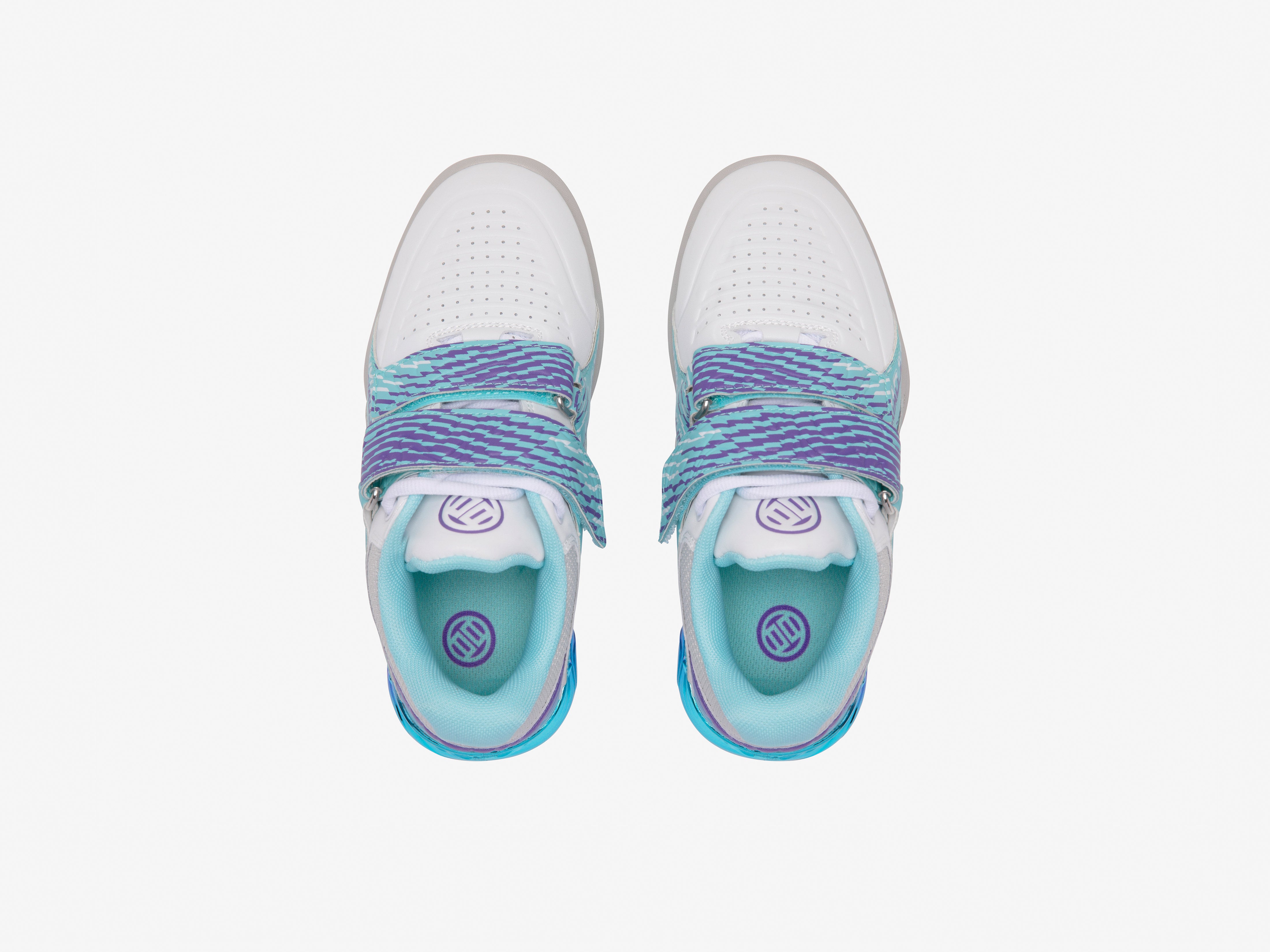 White athletic squat lifting sneakers with blue and purple accents on a white background
