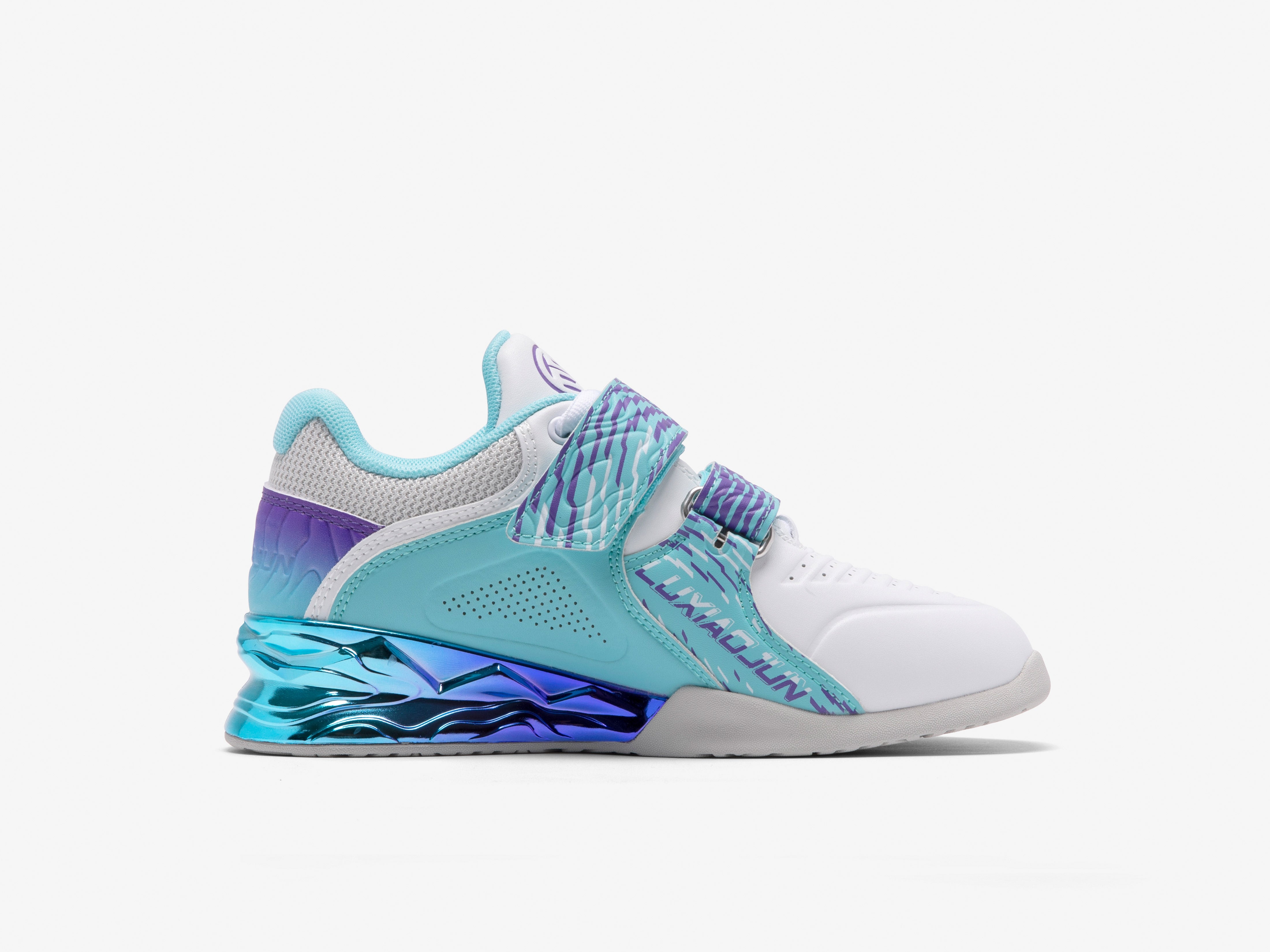 Light blue and white athletic lifting squat shoe with purple accents on a white background