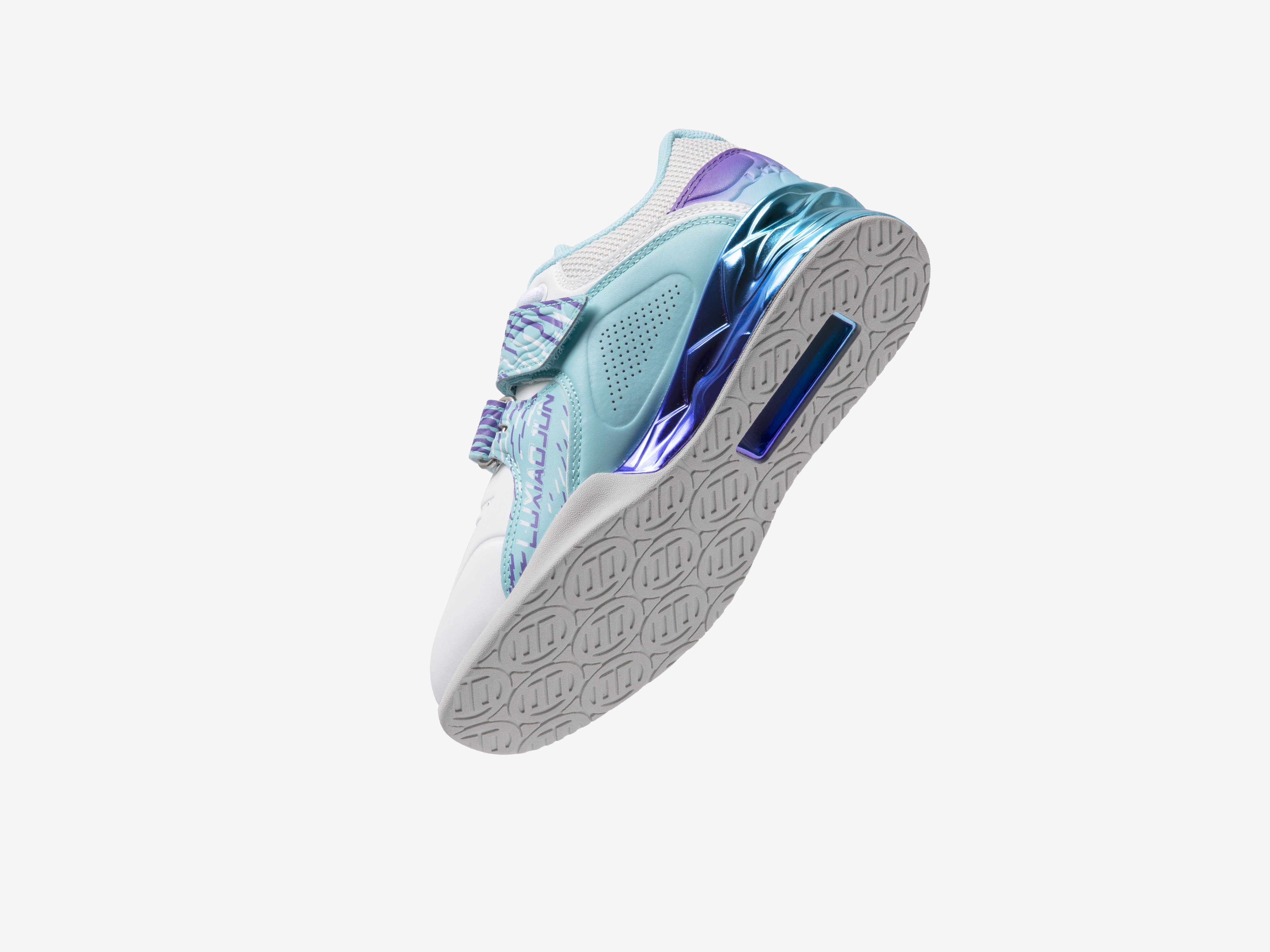 Weightlifting shoes with a blue and white design on a light gray background