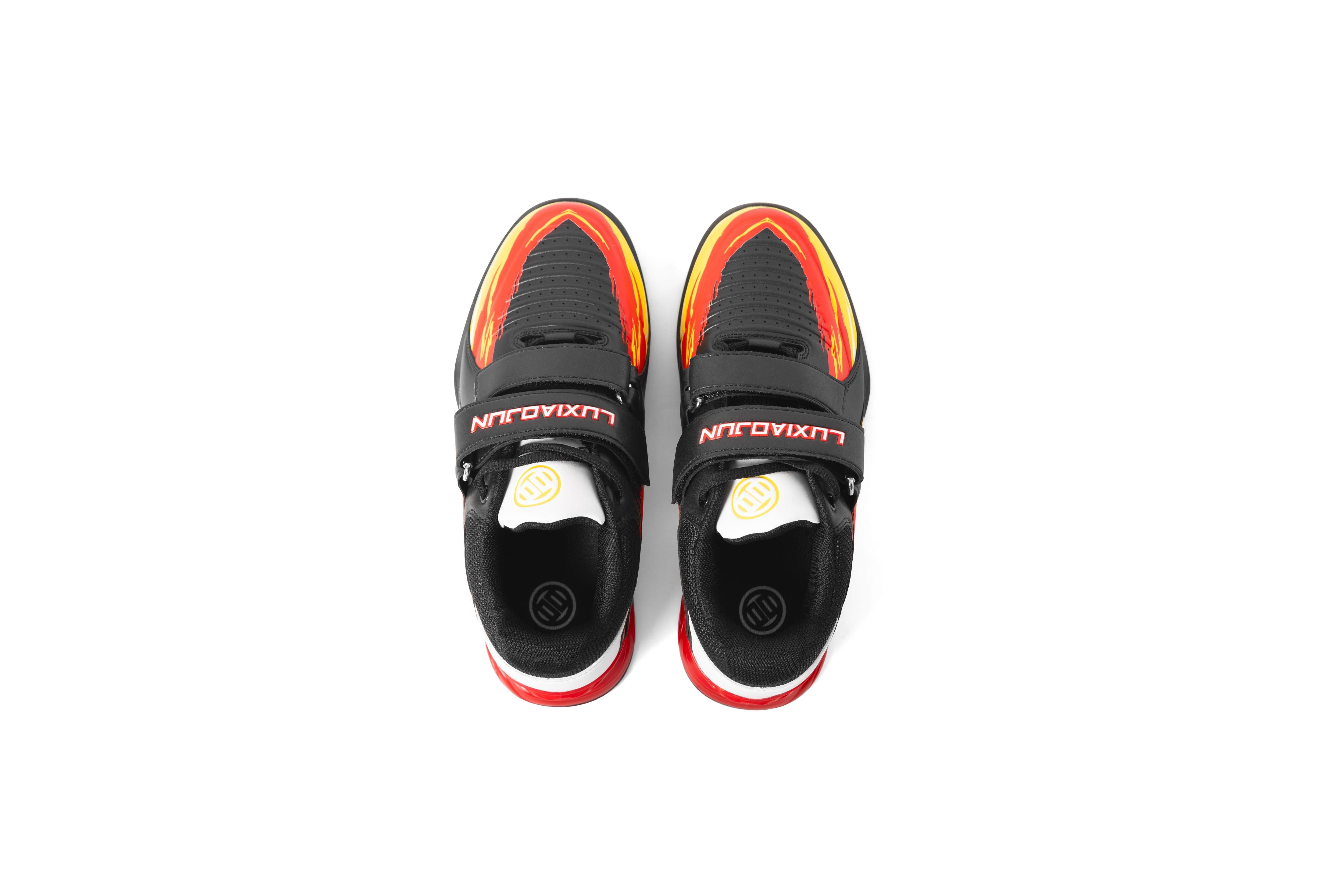 Top down view of LUXIAOJUN PowerPro Weightlifting Shoes Lava pair showing double strap closure and laces