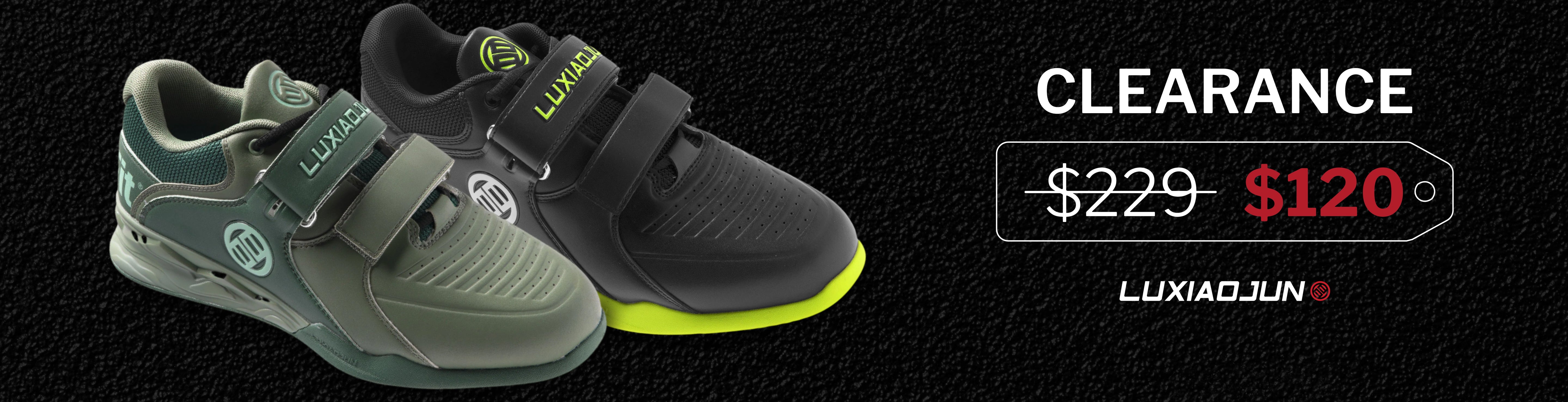 Two pairs of LUXIAOJUN Weightlifting shoes with clearance pricing on a black background