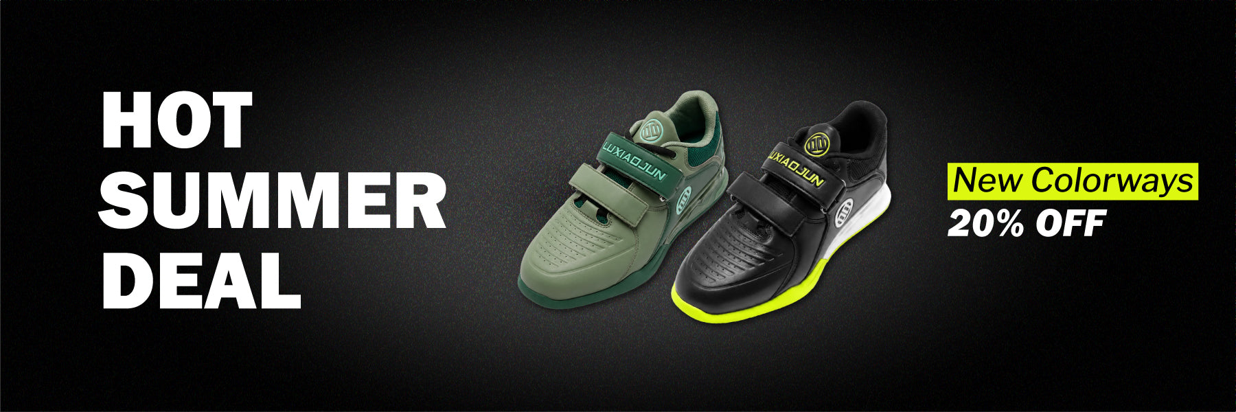 Two LUXIAOJUN PowerPro weightlifting shoes on a black background with promotional text about a hot summer deal and new green colorways.