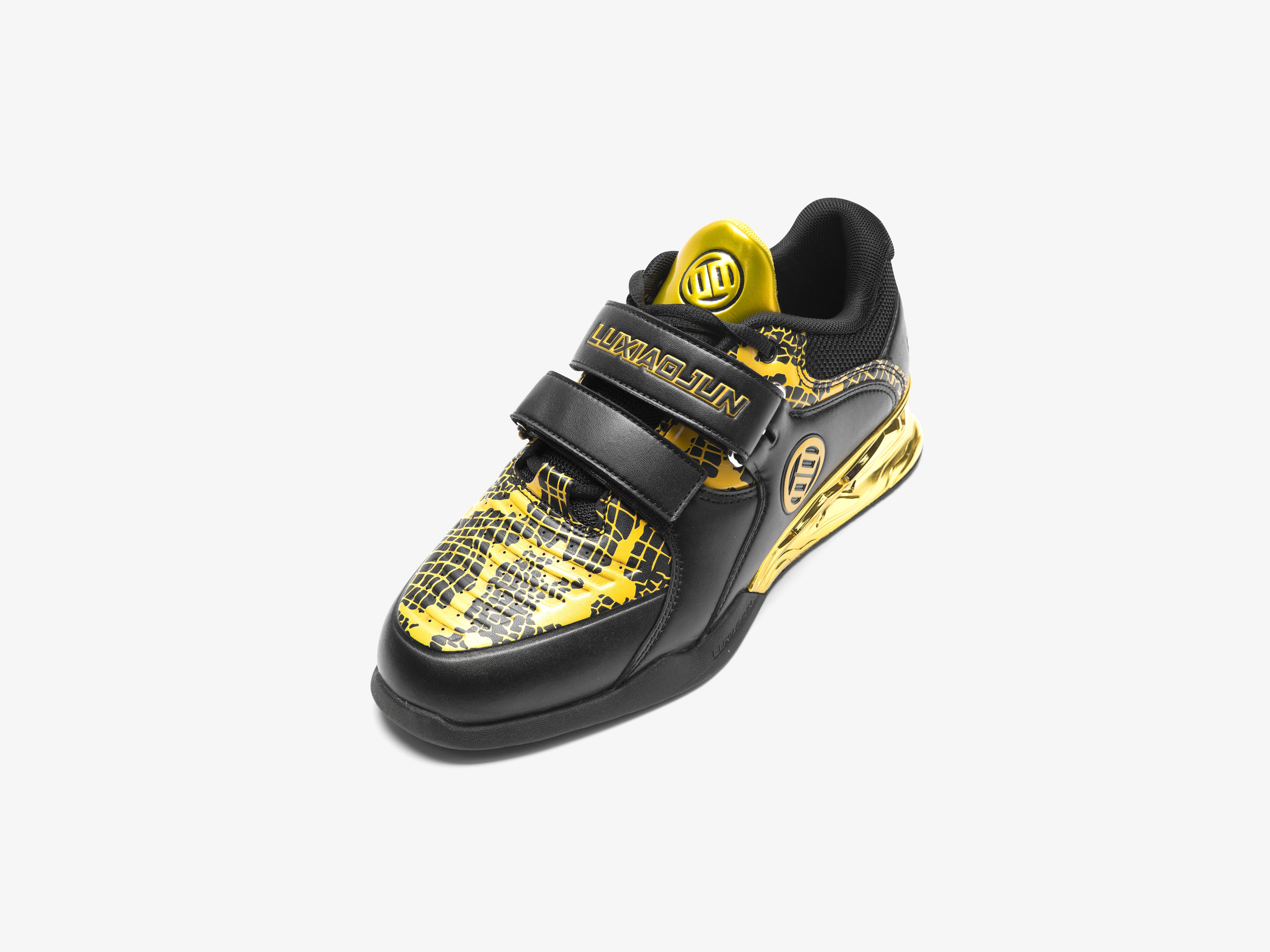 The front top view of the black and gold limited edition snake edition weightlifting shoes on a white background.