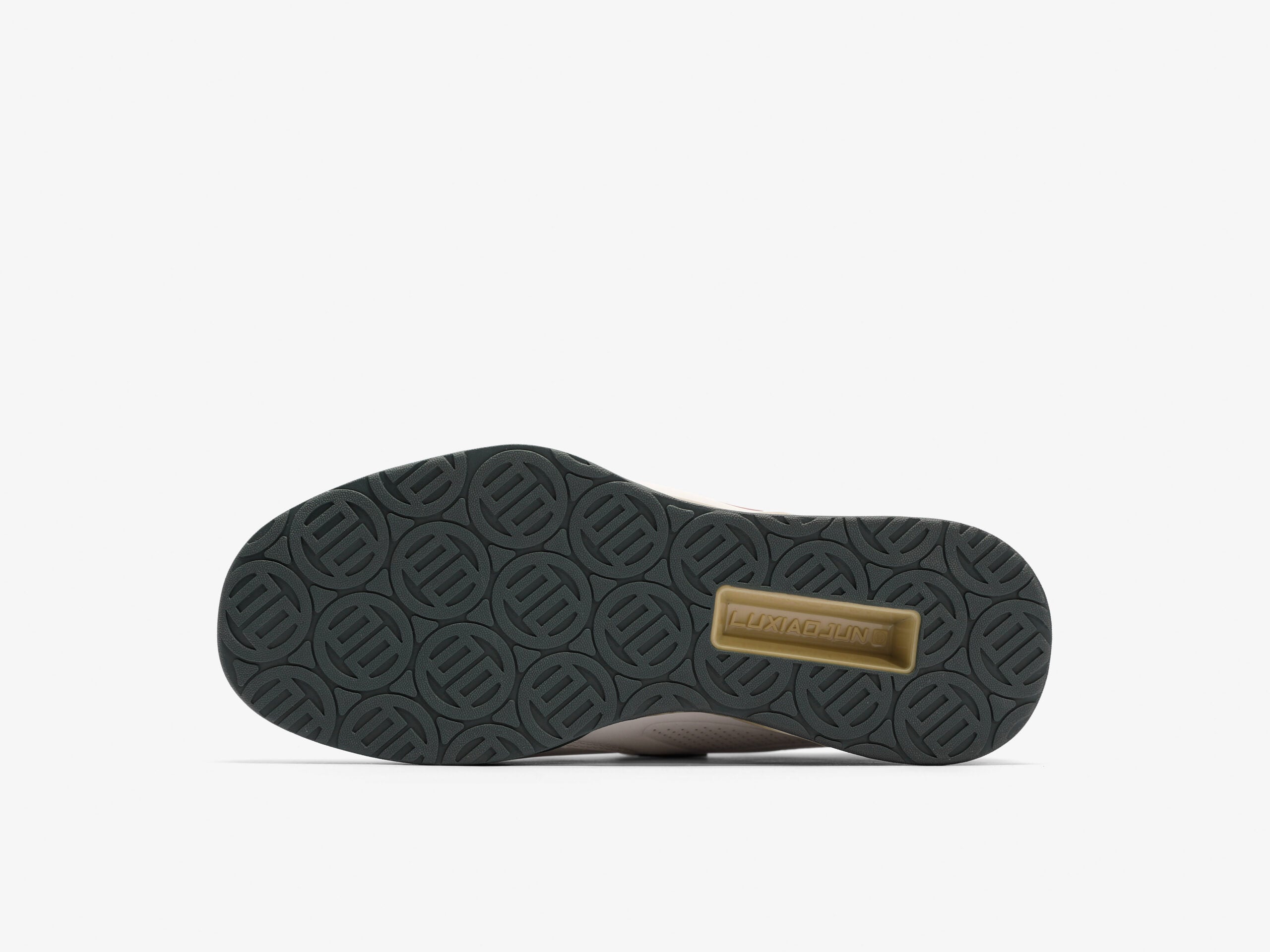 The bottom view of the luxiaojun powerpro weightlifting shoes distressed on a white background
