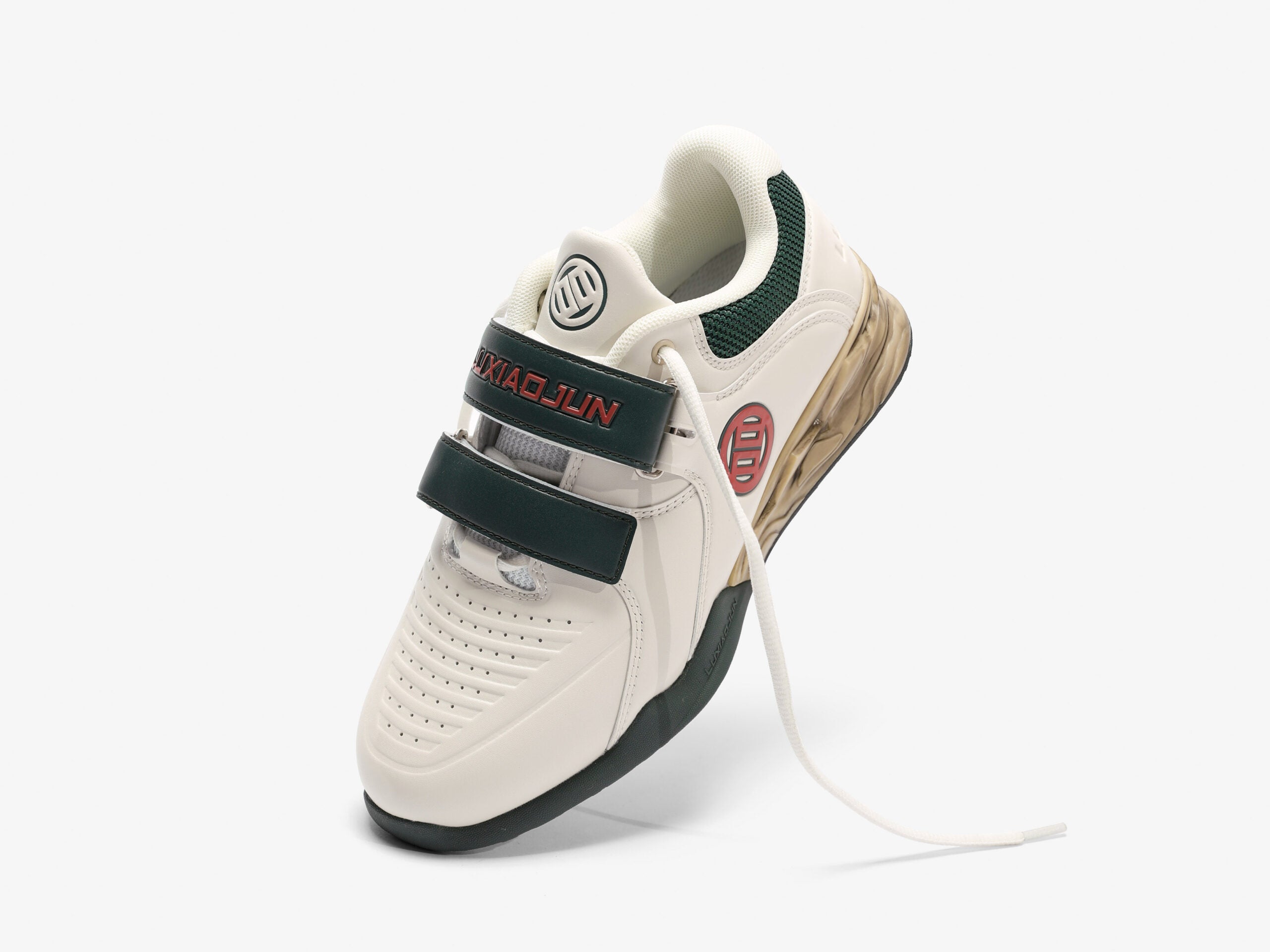 The front standing view of the white and green distressed weightlifting shoes on a white background