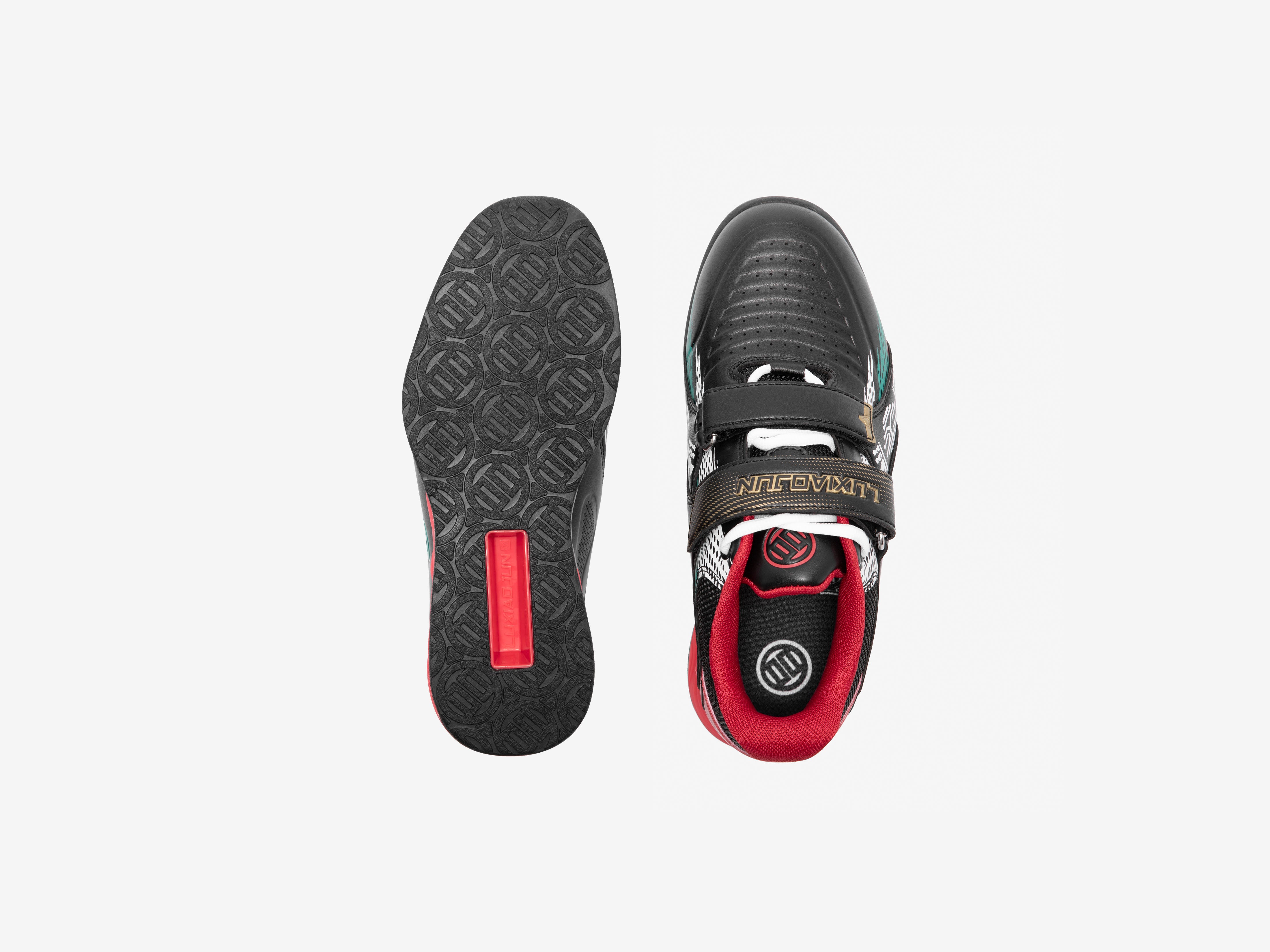 Black and red Karlos Edition weightlifting shoes with brand logo on a white background