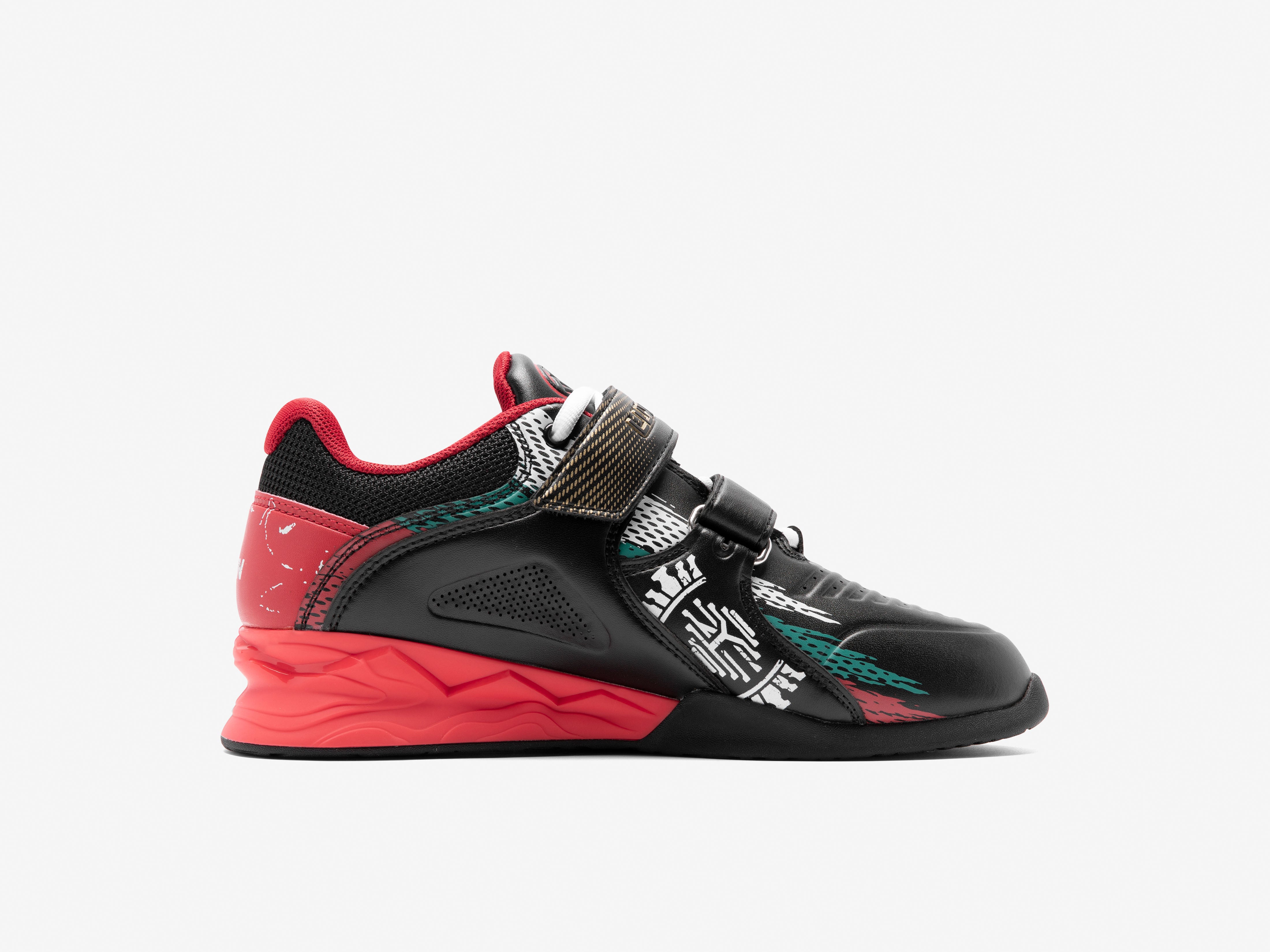 Black and red Karlos Edition weightlifting shoe with a white background