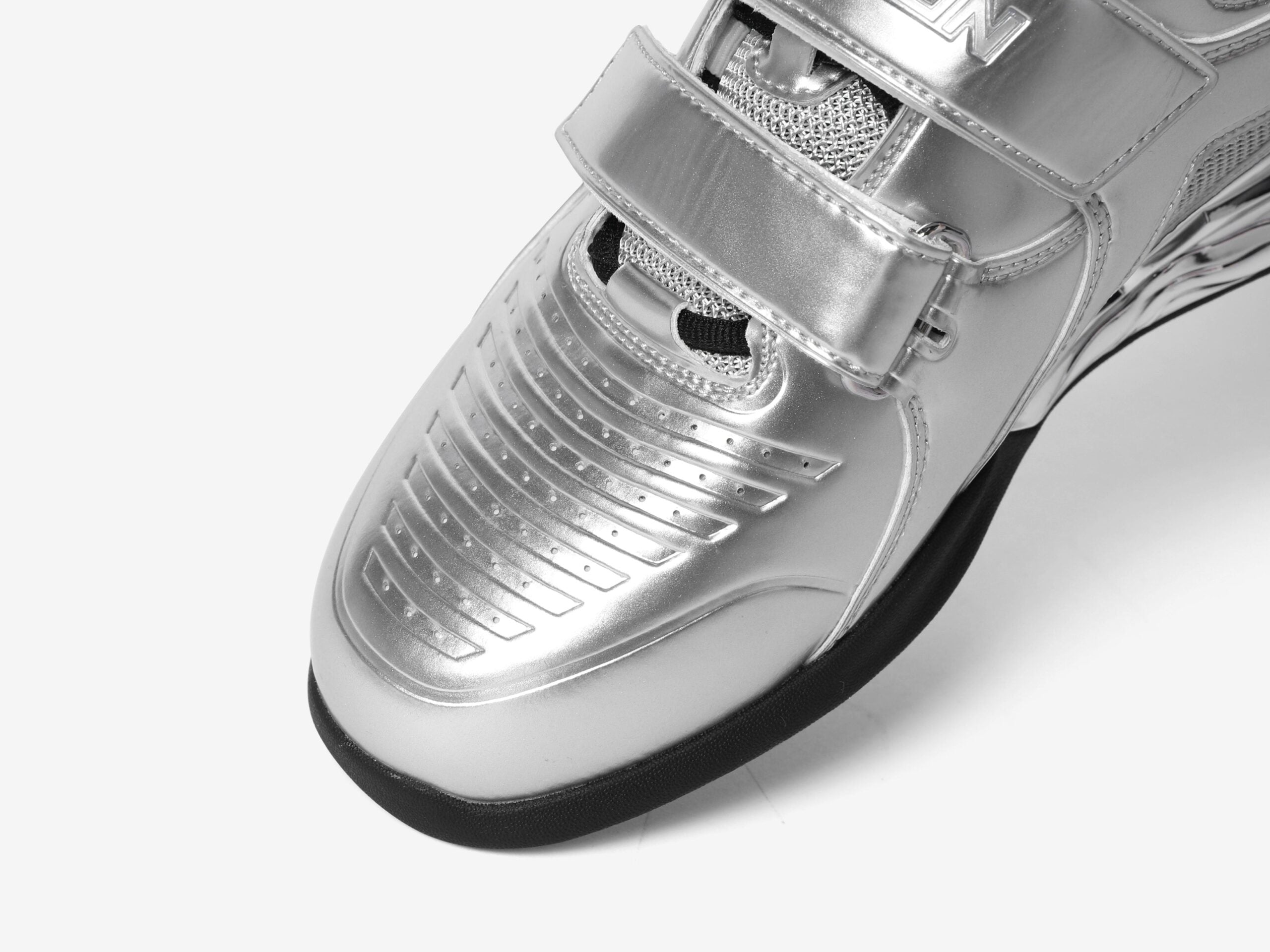 Close up view of the toe box of silver weightlifting shoes by luxiaojun