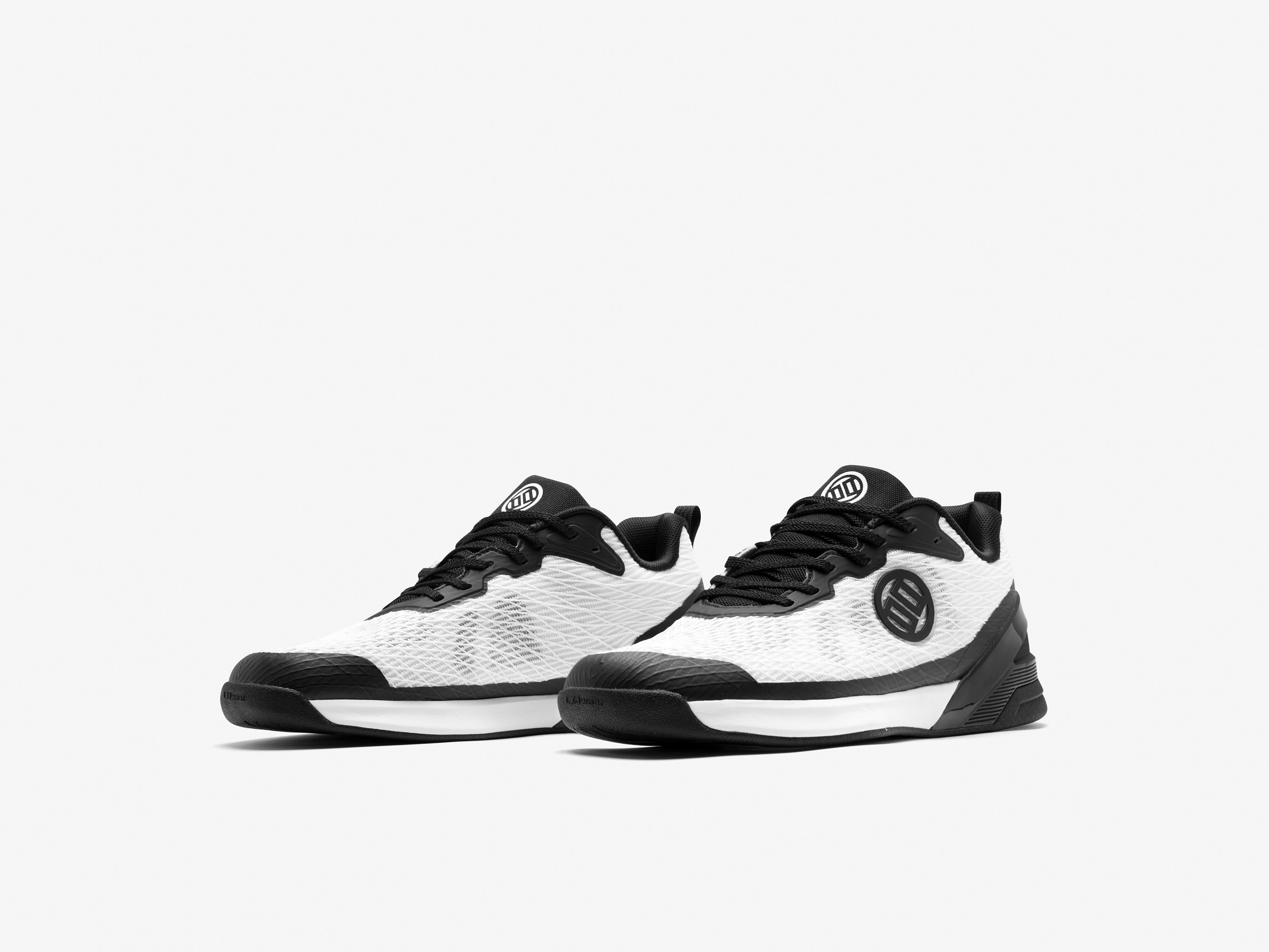 Pair of black and white sneakers on a light gray background