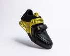 Black and gold athletic shoe on a white background
