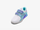 White and blue athletic shoe with purple accents on a white background