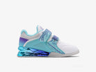 Light blue and white athletic lifting squat shoe with purple accents on a white background