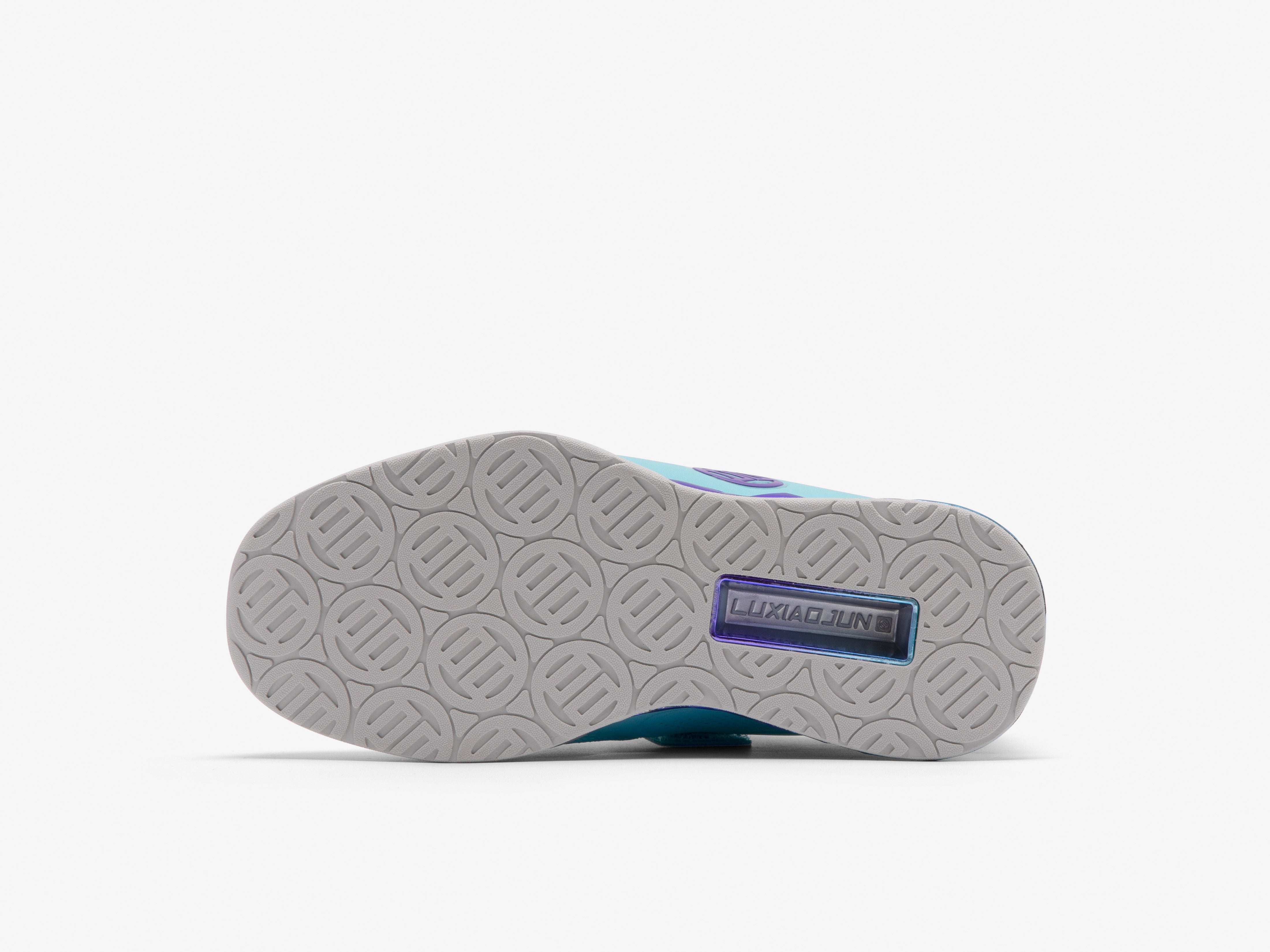 Sole of a luxiaojun weightlifting shoe with a brand logo on a white background