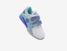 Children's athletic lifting squat shoe with blue and purple straps on a white background