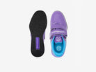 Purple lifting squat shoes with black sole and blue interior on a white background