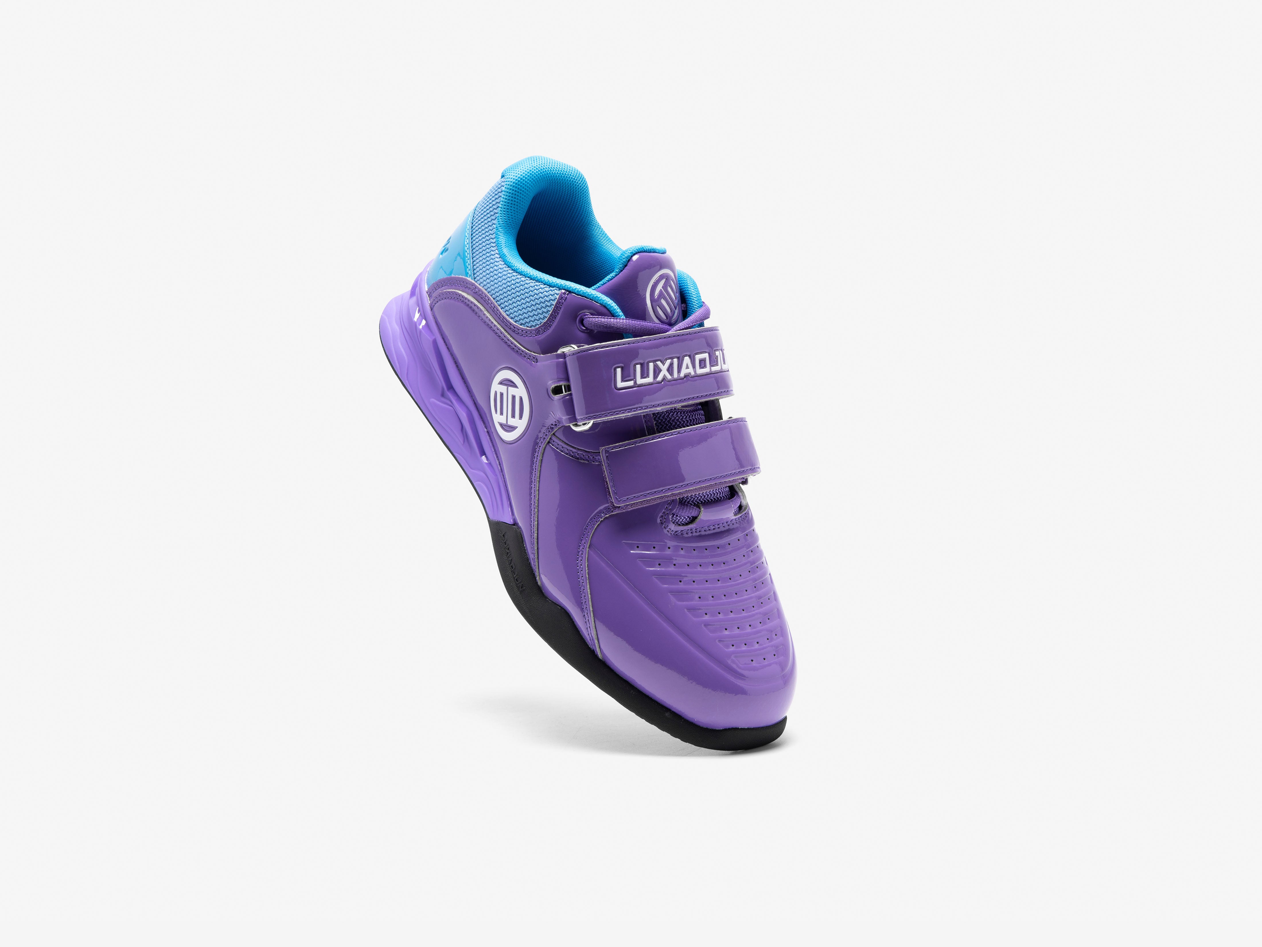 Purple and blue athletic squat shoe with 'Luxiaojun' branding on a white background