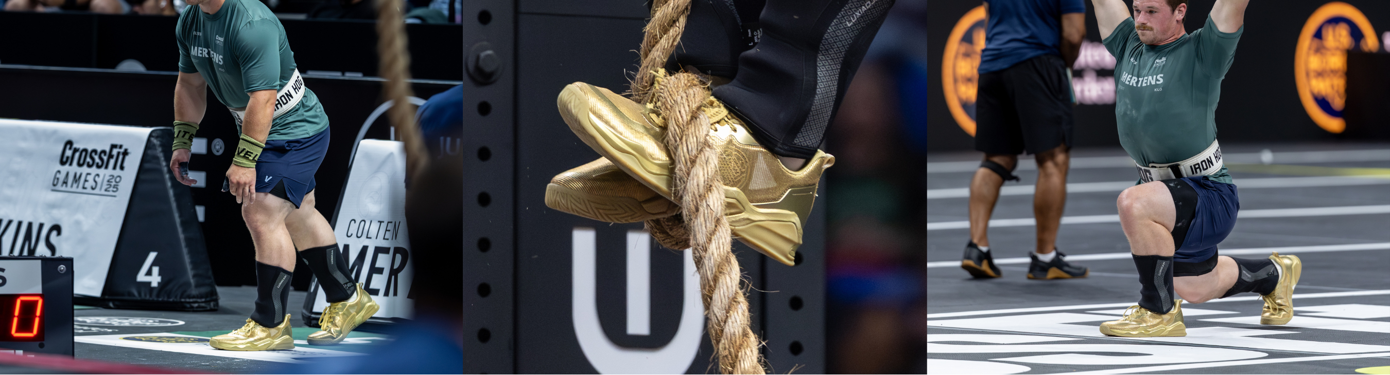 Person performing a pull-up on a rope with a close-up of a gold shoe with a logo, and another person in a gym setting.
