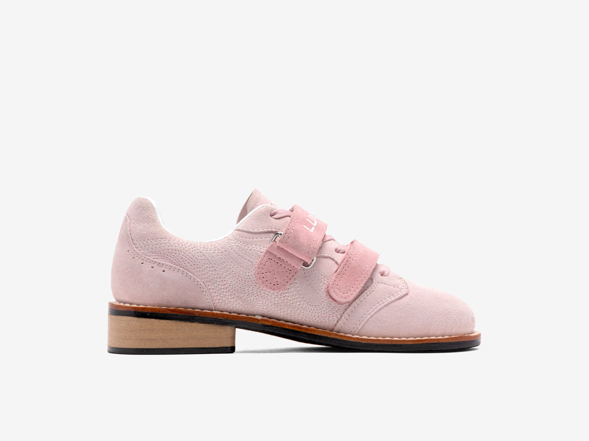 Other side of the pink Heritage Lifter weightlifting shoe with the LUXIAOJUN strap and beechwood heel