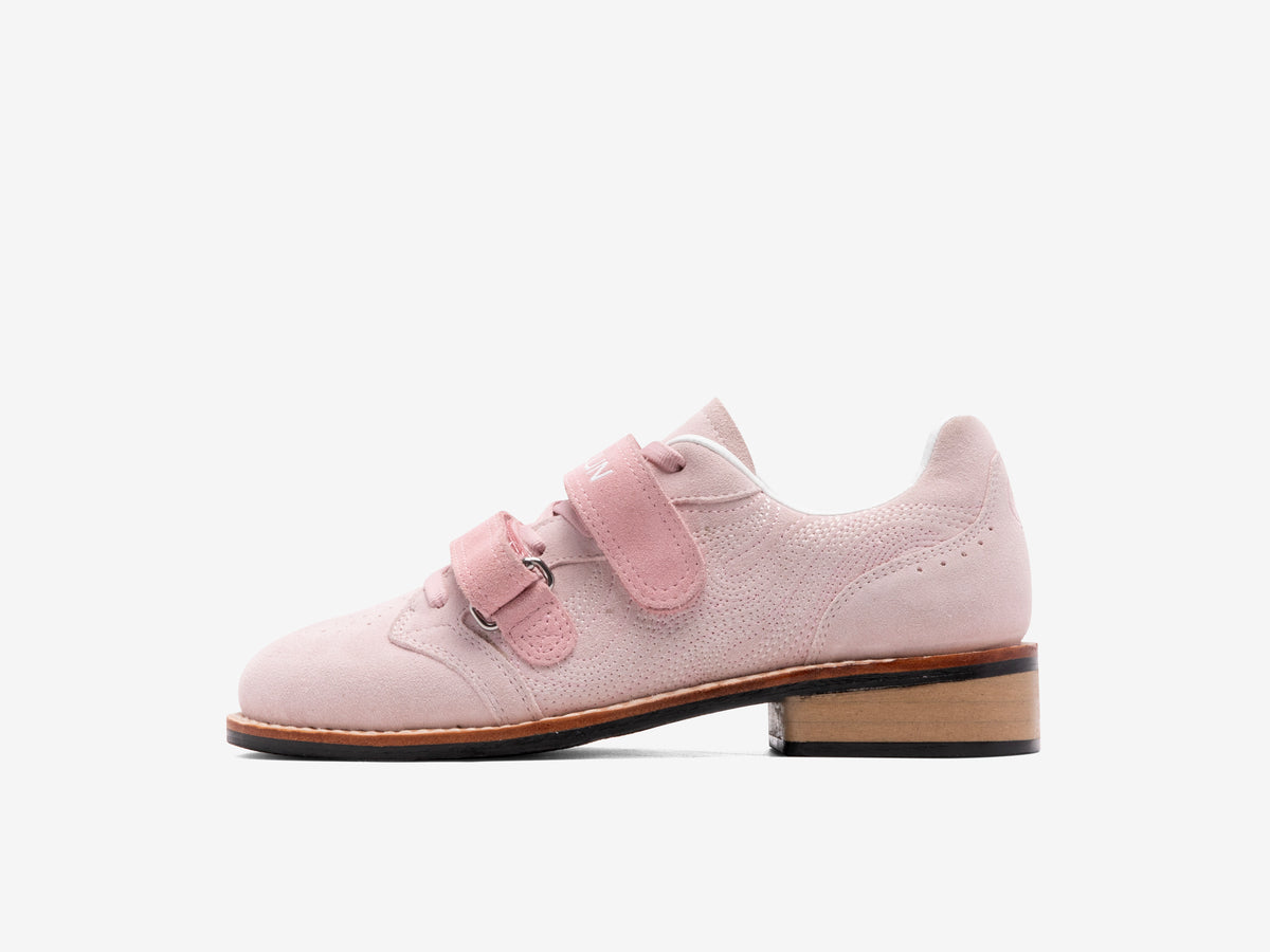 Side view of the pink LUXIAOJUN Heritage Lifter showing the Goodyear welt and beechwood heel
